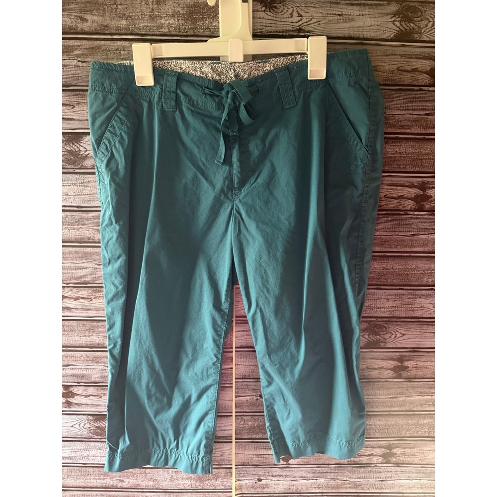 Eddie Bauer Women's Cropped Capri Pants Size 12 Teal Pockets Logo Tie Waist
